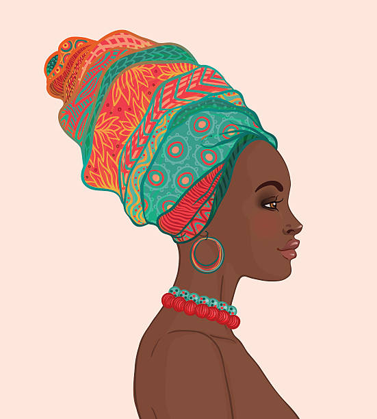 Portrait of beautiful African woman in turban (profile view) vector art illustration