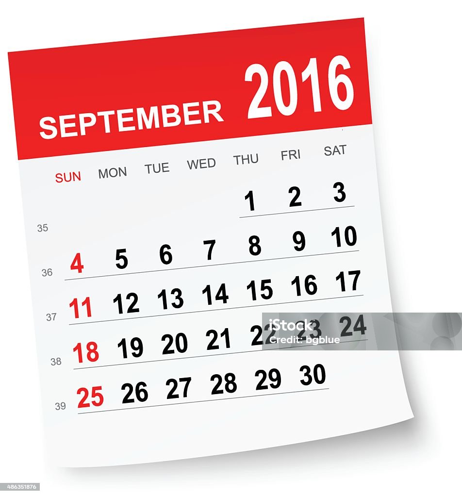 September 2016 calendar September 2016 calendar isolated on white background. 2016 stock vector