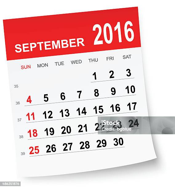 September 2016 Calendar Stock Illustration - Download Image Now - 2016, Adhesive Note, Autumn