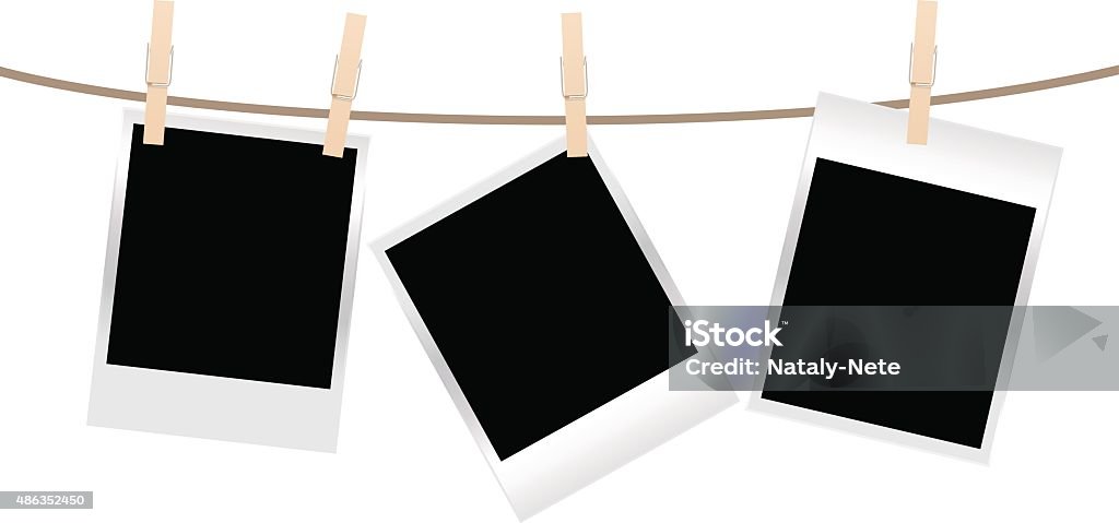 photos clothespin vector blank photo frames on a clothesline isolated on white background Photograph stock vector