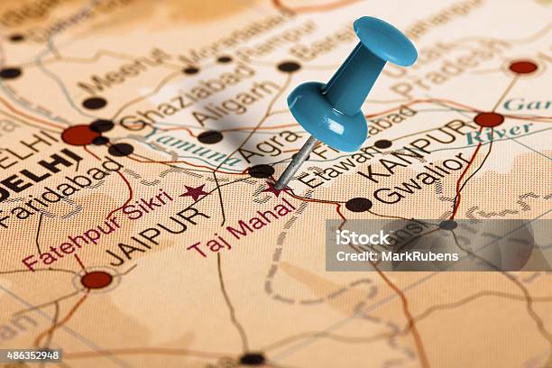 Location Taj Mahal Blue Pin On The Map Stock Photo - Download Image Now - 2015, Blue, Close-up