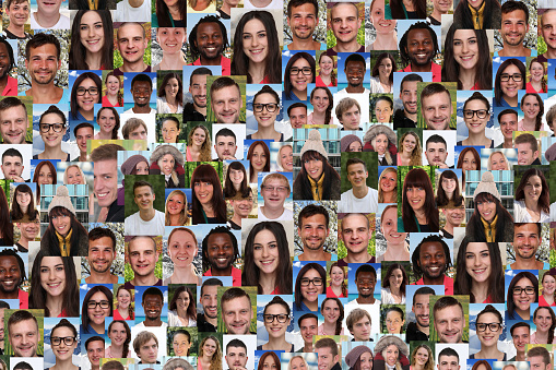 Background collage large group portrait of multiracial young smile smiling people social media