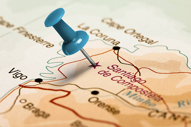 istock Location Santiago de Compostela. Blue pin on the map. 486353218