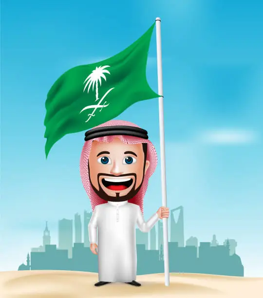 Vector illustration of 3D Realistic Saudi Arab Man Cartoon Character Holding Flag