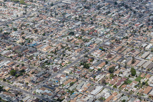 Aerial of dense lower income housing in south central Los Angeles.  