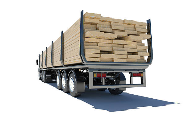 istock Truck transporting lumber. Rear view 486359023
