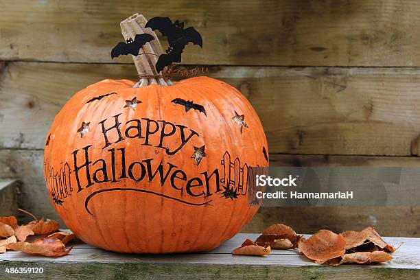 Happy Halloween Pumpkin Stock Photo - Download Image Now - Halloween, Text, Rural Scene