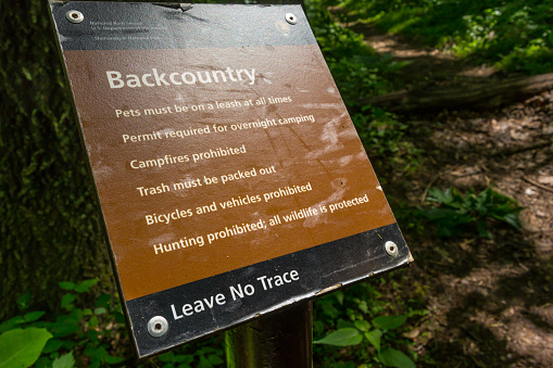 Waynesboro, United States - May 22, 2015: Information for hikers entering the Appalachian Trail in Shenandoah National Park helps minimize the impact of hikers in this crowded park space