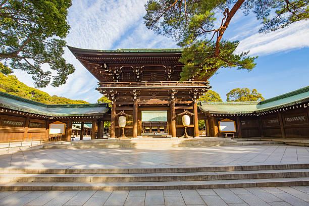 Meiji-jingu shrine in Tokyo, Japan Tokyo, Japan - February 16, 2015: Meiji Shrine located in Shibuya, Tokyo, is the Shinto shrine that is dedicated to the deified spirits of Emperor Meiji and his wife, Empress Shoken. shinto photos stock pictures, royalty-free photos & images