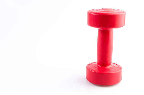 istock Red dumbells weight isolated on white background 486360013