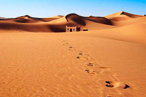 Erg Chebbi sandydunes of Sahara Desert at the evening, Morocco.