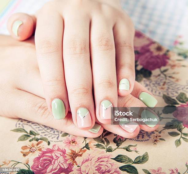 Beautiful Turquoise Manicure Fashion Stock Photo - Download Image Now - 2015, Beauty Treatment, Close-up