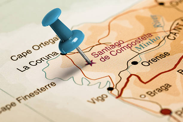 istock Location Santiago de Compostela. Blue pin on the map. 486367078