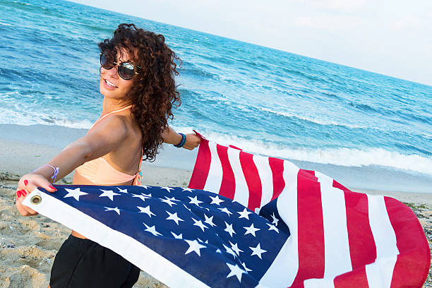 istock Young Woman  in American Flag 486368798