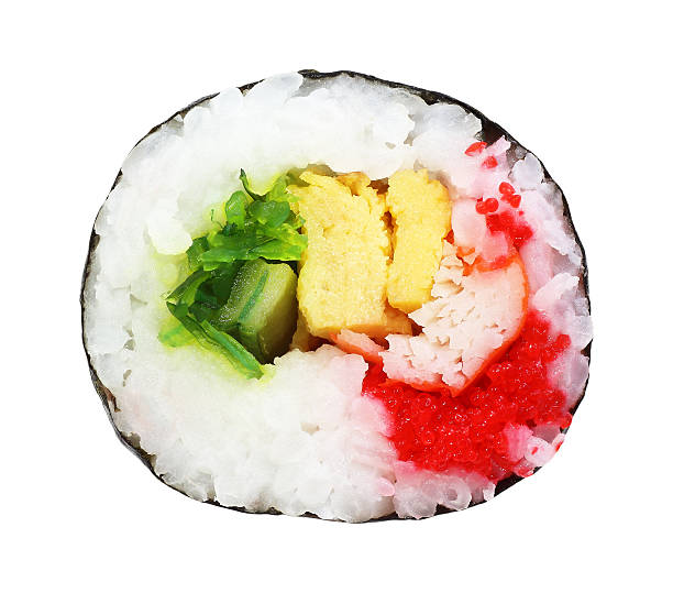 rolos de sushi no fundo branco - japanese cuisine appetizer gourmet caviar imagens e fotografias de stock