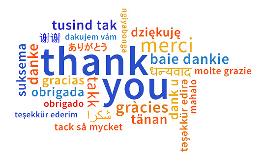 Thank you text in large letters central, with smaller multi-language text (meaning the same) all around. All words start with lower case letters. Clean and simple design.