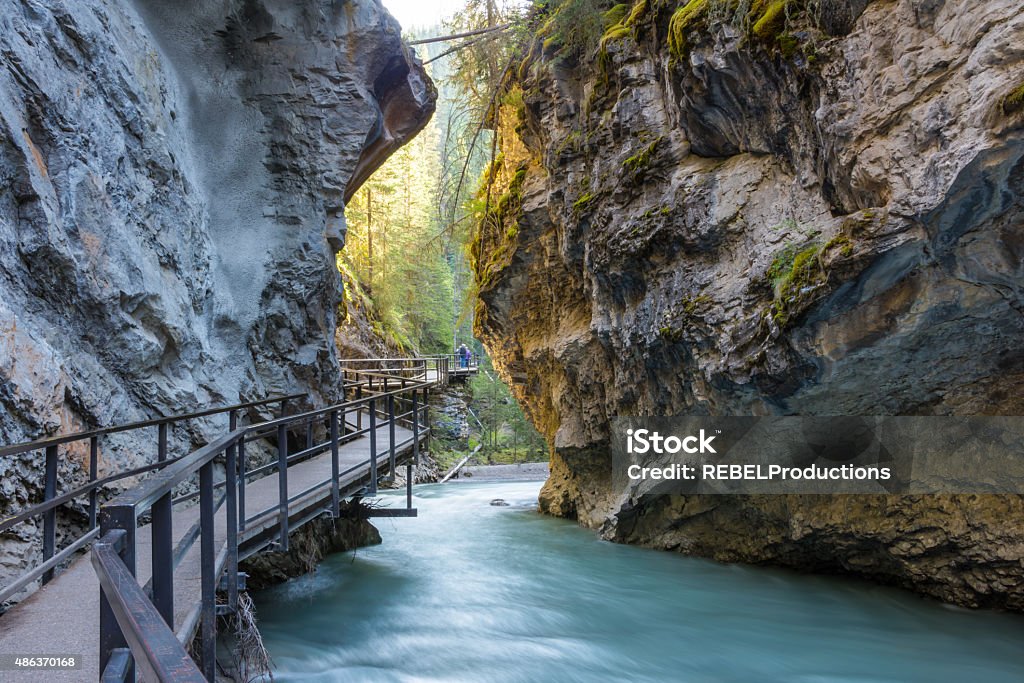 Beautiful Johnston Canyon walkway Beautiful Johnston Canyon walkway with turquoise water below, in Banff National Park, Alberta, Canada. Shot with long exposure to give colorful river a smooth & dreamy effect. Canyon Stock Photo