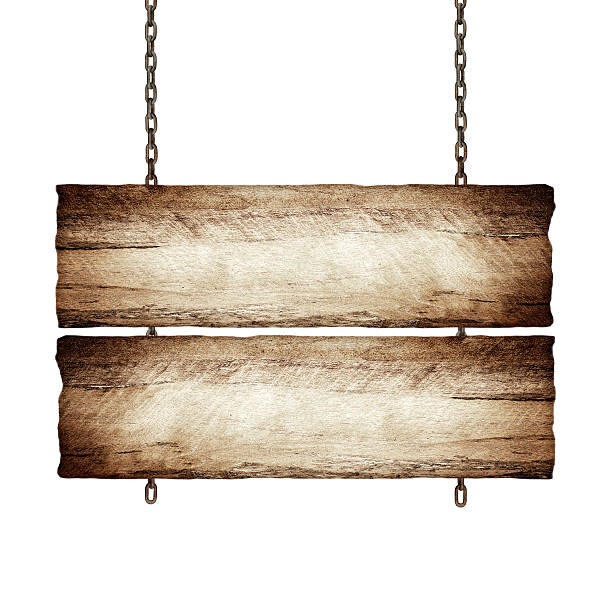 istock Wood sign from a chain isolated on white 486371504