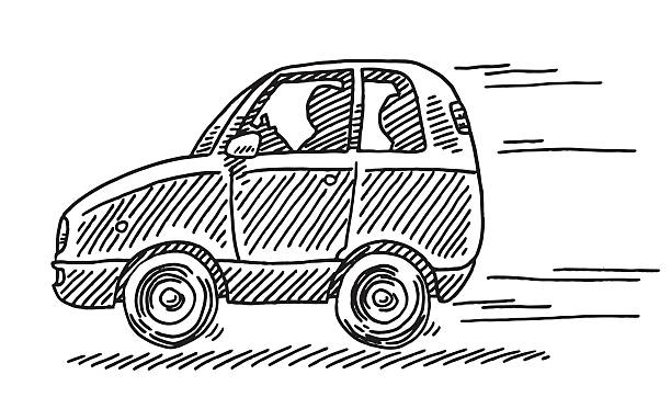 Driving Little Car Side View Drawing Hand-drawn vector drawing of a Driving Little Car, Side View. Black-and-White sketch on a transparent background (.eps-file). Included files are EPS (v10) and Hi-Res JPG. car sketches stock illustrations