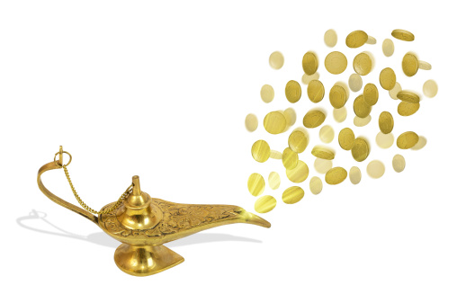 Money fly out of magic lamp. Business concept