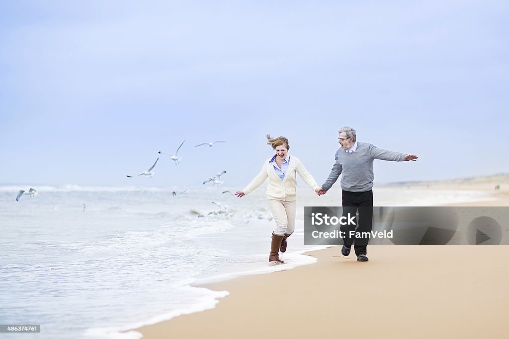 Happy mature couple running at beautiful winter beach with seagulls Happy mature couple running at a beautiful winter beach with seagulls Netherlands Stock Photo