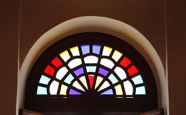 istock Arabic designed colored glass arches above the door 486374811