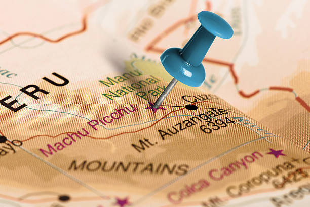 istock Location Machu Picchu. Blue pin on the map. 486375082