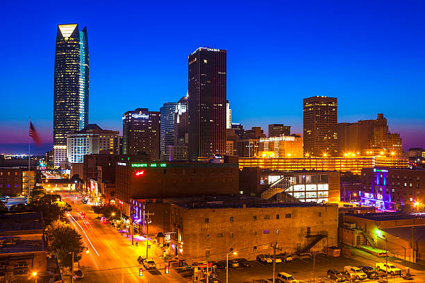 Downtown Oklahoma City, Oklahoma Downtown Oklahoma City at night. oklahoma city stock pictures, royalty-free photos & images