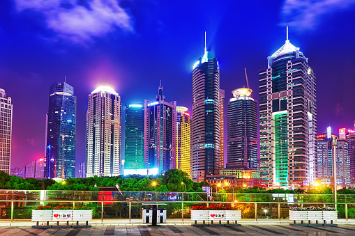 Shanghai, China- May  24, 2015: Beautiful and office skyscrapers,night view city building of Pudong, Shanghai, China. Most modern city on continental part of China.