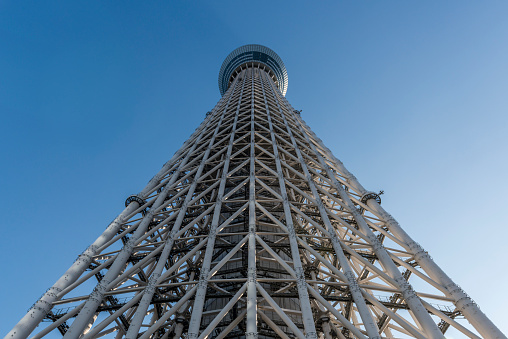 Tokyo, Japan - August 6, 2015: Tokyo Skytree landmark, the highest free standing broadcast tower in the world and the tallest structure in Japan at 634m from below 