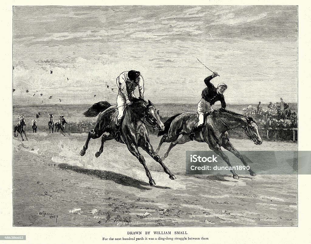 Victorian Horse Race, 1887 Vintage engraving showing tow horses racing neck to neck at the races. The Graphic, 1887 Horse Racing stock illustration