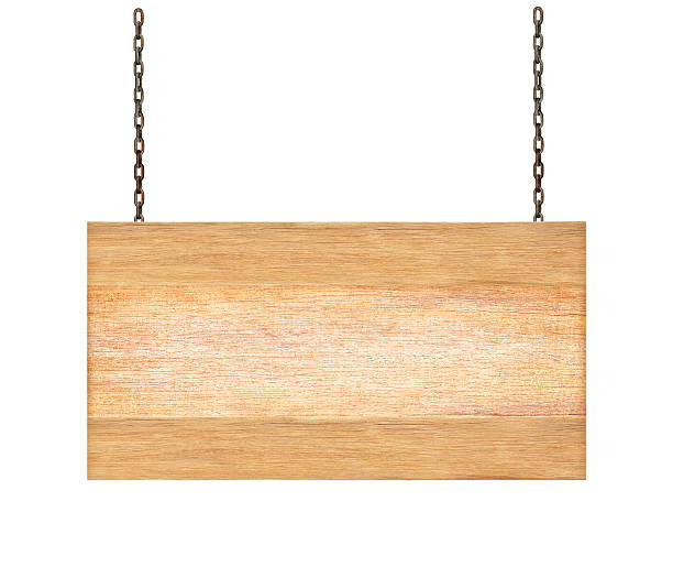 istock Wood sign from a chain isolated on white 486387468