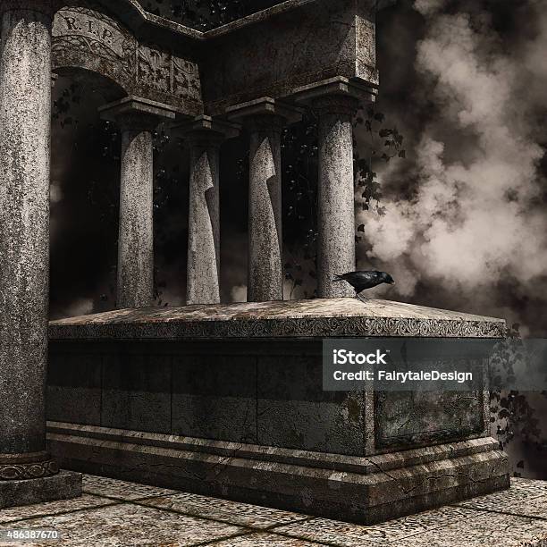 Tombstone With A Raven And Ivy Stock Photo - Download Image Now - 2015, Architectural Column, Cemetery