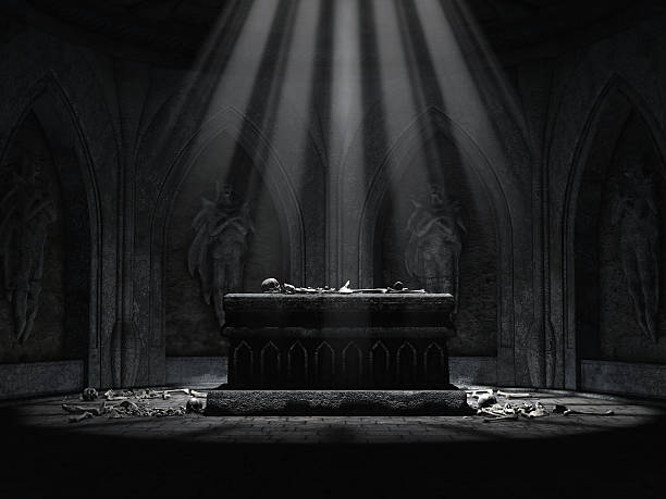 Dark crypt with a creepy altar Old crypt with sculptures, an altar and skeletons lying on the floor. 3D render.  crypt stock pictures, royalty-free photos & images