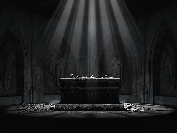 Old crypt with sculptures, an altar and skeletons lying on the floor. 3D render. 