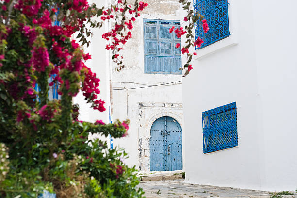 istock Blue doors, window and white wall of building 486392344