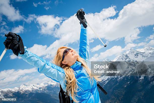 Woman Enjoying Skiing Stock Photo - Download Image Now - Adult, Adults Only, Arms Outstretched