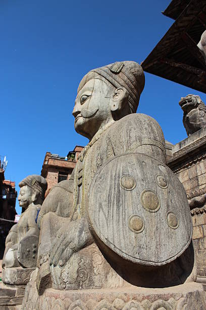 istock Big statues made of stone and shield military bunker. 486396330