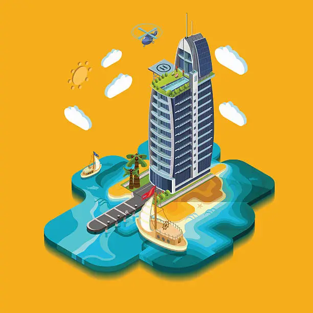 Vector illustration of Summer Paradise Island, part of the land hotel