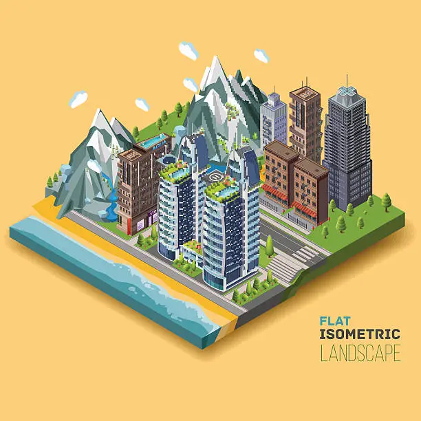 Vector illustration of Isometric city concept, part of the land to the sea