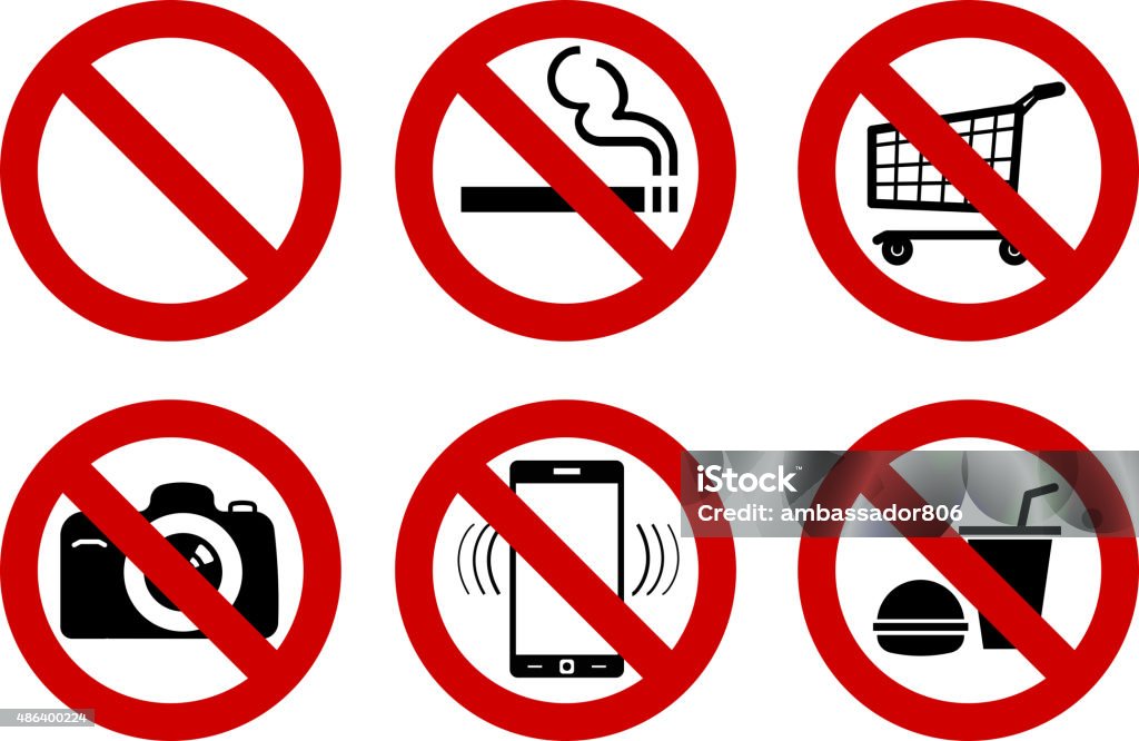 No signs set of No signs for different prohibited activities. No smoking, no drinking, no photographing, and other. Vector illustration - you can simply change color and size  2015 stock vector