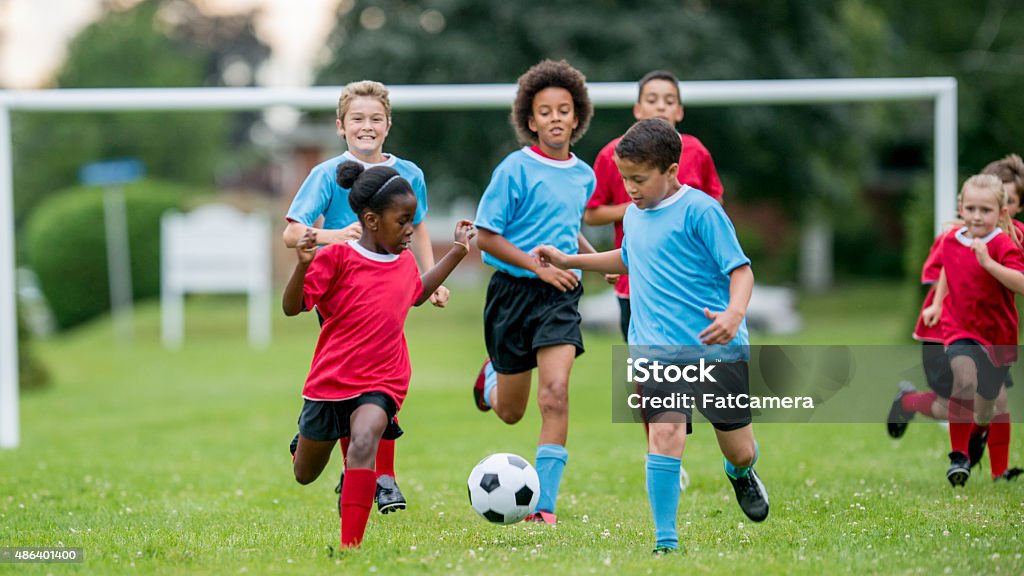 Children Chasing Soccer Ball During a Match A multi-ethnic group of children are playing soccer, while running down a grass field, kicking and chasing the ball. Child Stock Photo