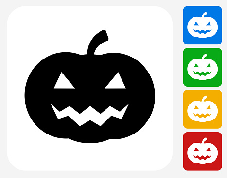 Halloween Pumpkin Face Icon. This 100% royalty free vector illustration features the main icon pictured in black inside a white square. The alternative color options in blue, green, yellow and red are on the right of the icon and are arranged in a vertical column.