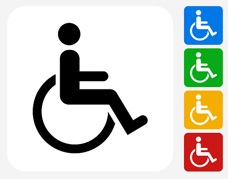 Wheel Chair User Icon. This 100% royalty free vector illustration features the main icon pictured in black inside a white square. The alternative color options in blue, green, yellow and red are on the right of the icon and are arranged in a vertical column.