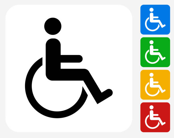 Wheel Chair User Icon Flat Graphic Design Wheel Chair User Icon. This 100% royalty free vector illustration features the main icon pictured in black inside a white square. The alternative color options in blue, green, yellow and red are on the right of the icon and are arranged in a vertical column. wheelchair stock illustrations