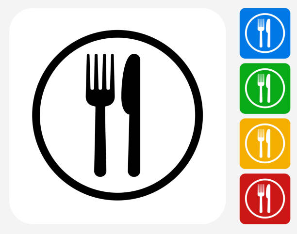 Food Court Sign Icon Flat Graphic Design Food Court Sign Icon. This 100% royalty free vector illustration features the main icon pictured in black inside a white square. The alternative color options in blue, green, yellow and red are on the right of the icon and are arranged in a vertical column. craft knife stock illustrations