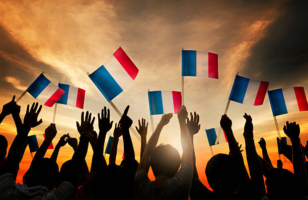 istock Group of People Waving French Flags in Back Lit 486403206