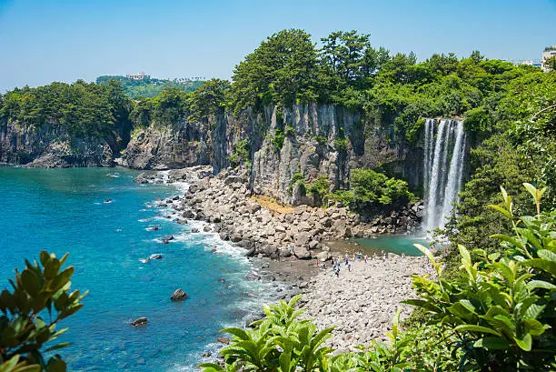 The Jeongbang Waterfall which falls directly into the sea, Jeju-do, South Korea