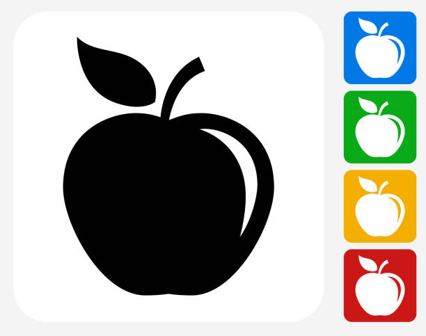 Apple Icon Flat Graphic Design Apple Icon. This 100% royalty free vector illustration features the main icon pictured in black inside a white square. The alternative color options in blue, green, yellow and red are on the right of the icon and are arranged in a vertical column. Apple stock illustrations