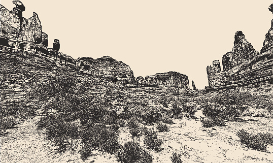 Engraving illustration of towering rock formations in Arches National Park with Navajo Sandstone and Junipers.